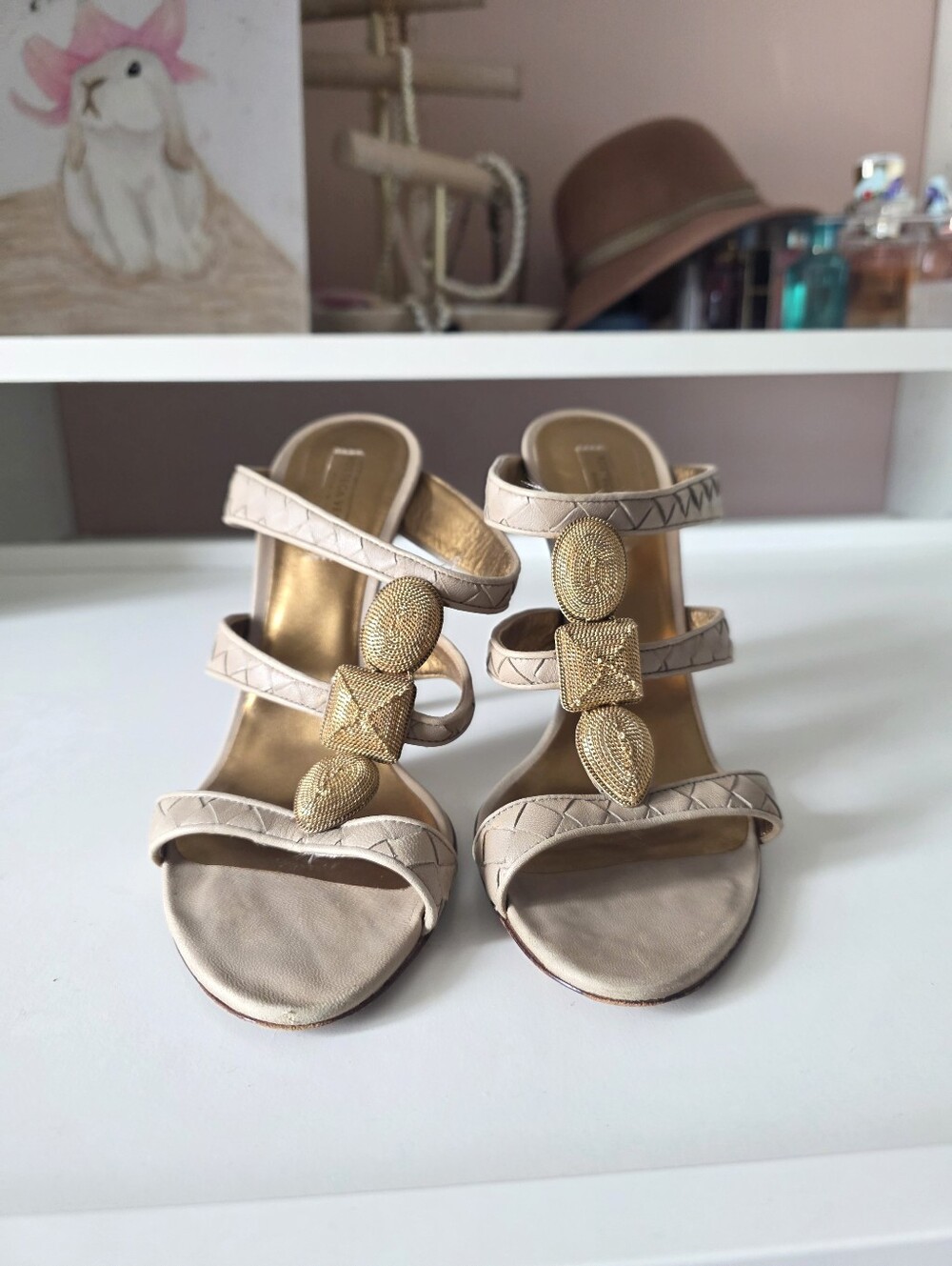 Bottega Veneta Beige Strappy Heels with Gold Medallions